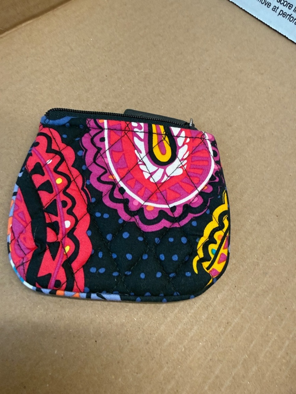 Vera Bradley Quilted Coin Pouch - Black Base with Pink, Yellow & Red Accents